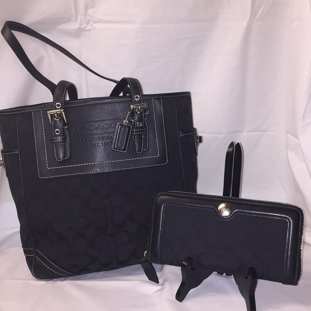 A Set of Black Coach Handbag & Matching Wallet